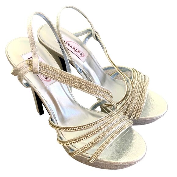 Dyeables Dahlia Silver Rhinestone PU Strappy Heels Size US 7 4.5-Inch Stiletto - Picture 1 of 11